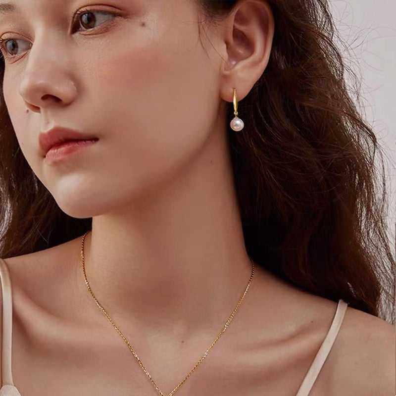 SISGEM 18k Real Yellow Gold Dangle Earrings for Women, Cultured Freshwater Pearl Drop Earring, 8mm (yellow-gold) - Image 3